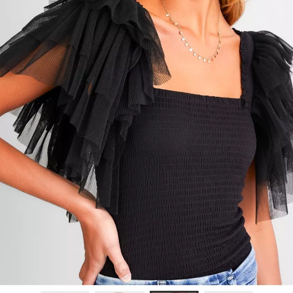 Smocked Black Ruffled Sleeve BODYSUIT, NWT